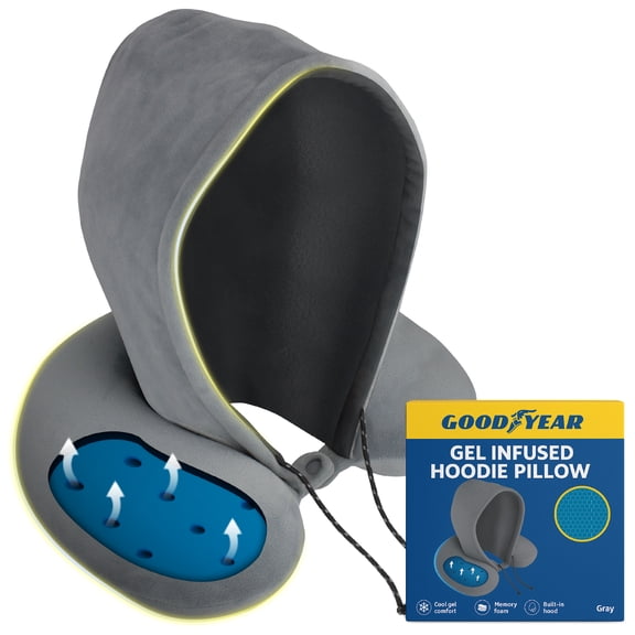 Goodyear Hooded Adult U Shape Memory Foam Neck Pillow, Gray