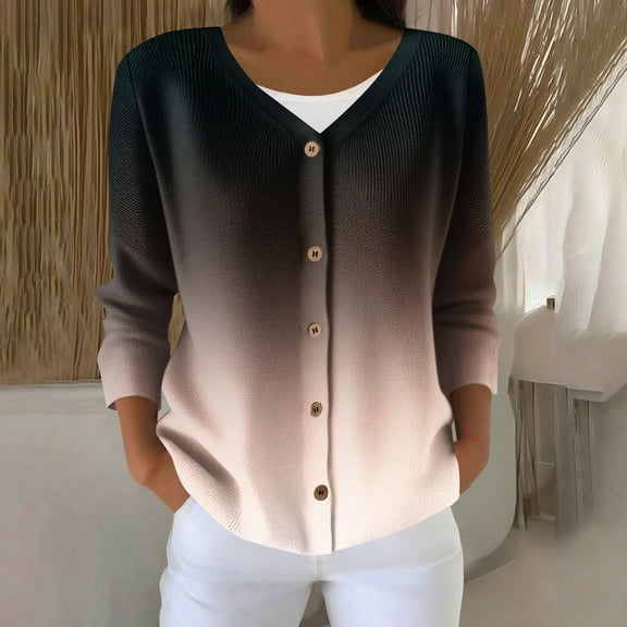 Women's V Neck Button down Long Sleeve Cardigan Lightweight Casual Loose Soft Gradient Knit Sweater Coat New Beige L