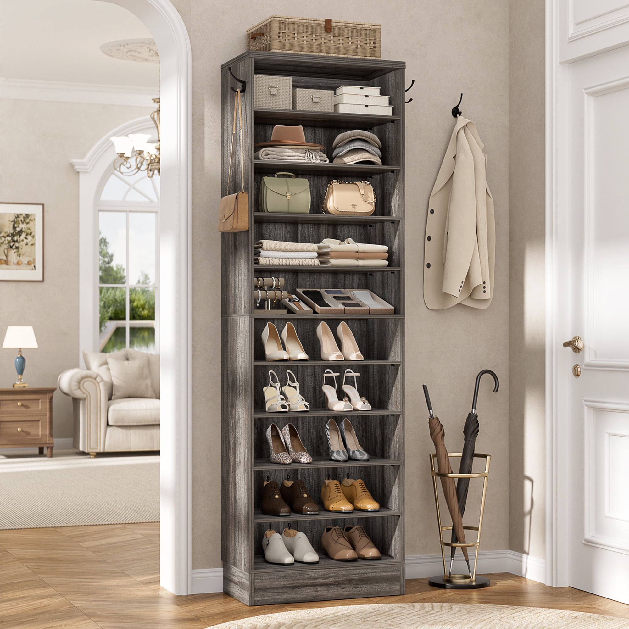 Homieasy Tall Shoe Cabinet, 10 Tiers Narrow Wood Shoe Rack, Shoe Storage Organizer with Open Storage, Vertical Shoe Shelf Tower for 20-22 Pairs, Space Saving, for Closet, Entryway, Bedroom, Black Oak
