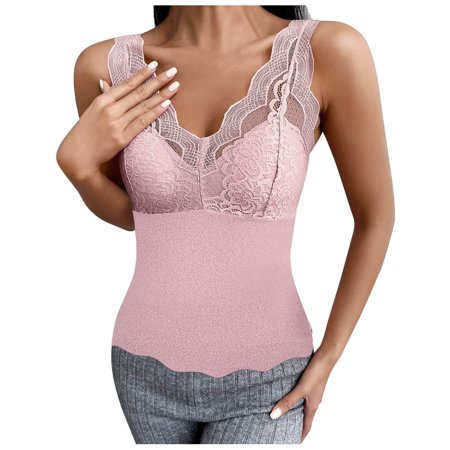 

wendunide pajama set for women Women Solid V Neck Lace Trim Padded Vest Thermal Underwear Velvet Base Shirt Pink XL