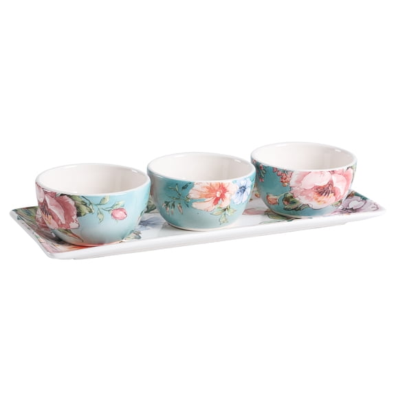Bico Margret's Garden Ceramic Dipping Bowl Set (9oz bowls with 14 inch platter), for Sauce, Nachos, Snacks, Microwave & Dishwasher Safe