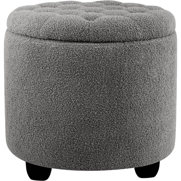 Modern Round Storage Ottoman, Upholstered Button Tufted Ottoman Footstool Ottomans with Removable Lid Storage Footstool for Living Room, Bedroom, Makeup Room, Teddy, Grey
