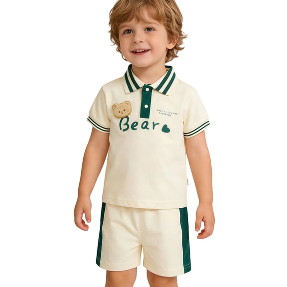 Bysome Boys Outfit Set Letter Print Short Sleeve Lapel Neck Shirts With Colorblock Shorts Outfit Quick Dry Boys Set Size 2-3 Years Beige