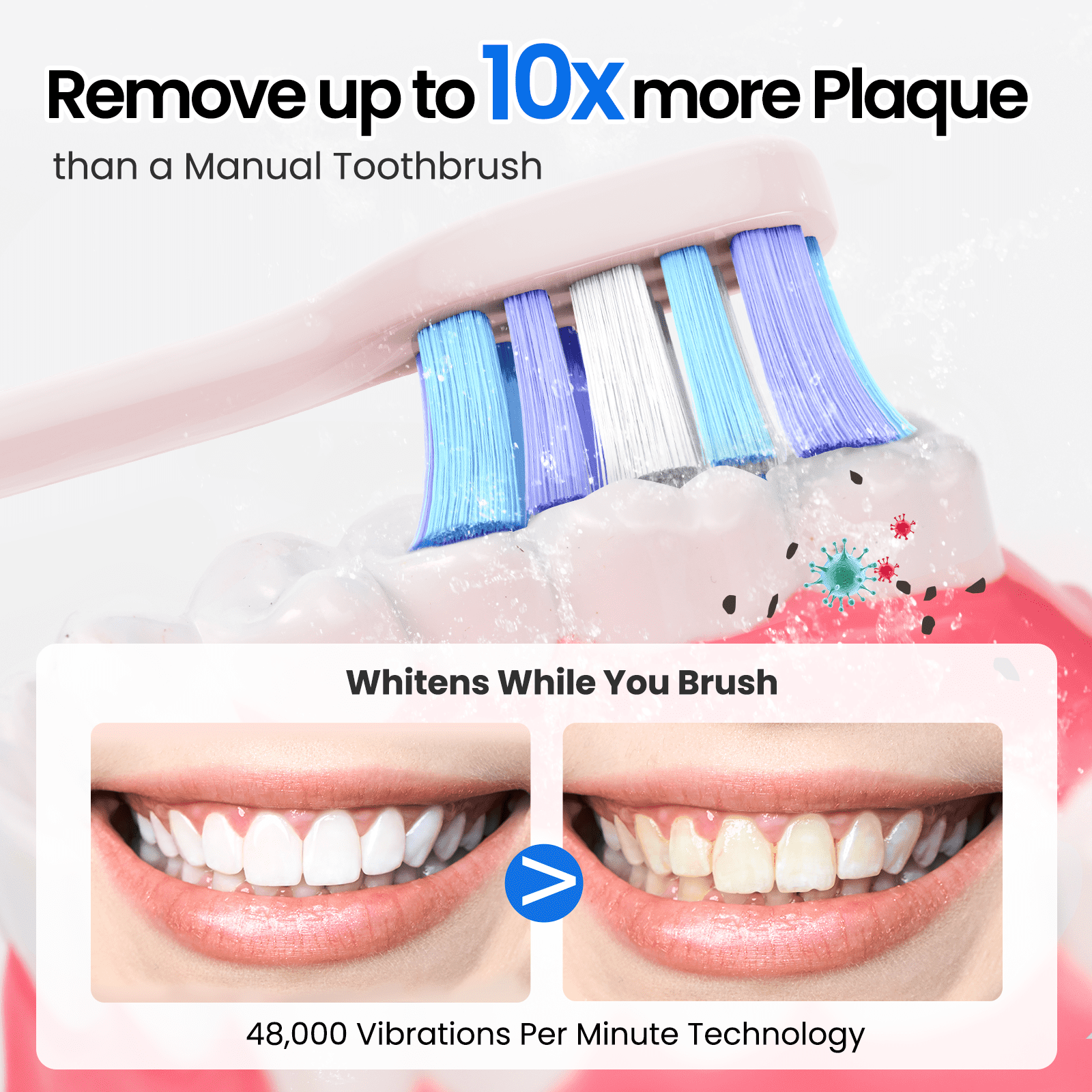 Marlincare Sonic Electric Toothbrush for Adults,10X more Plaque Removal,Travel Electric Toothbrush,Pink