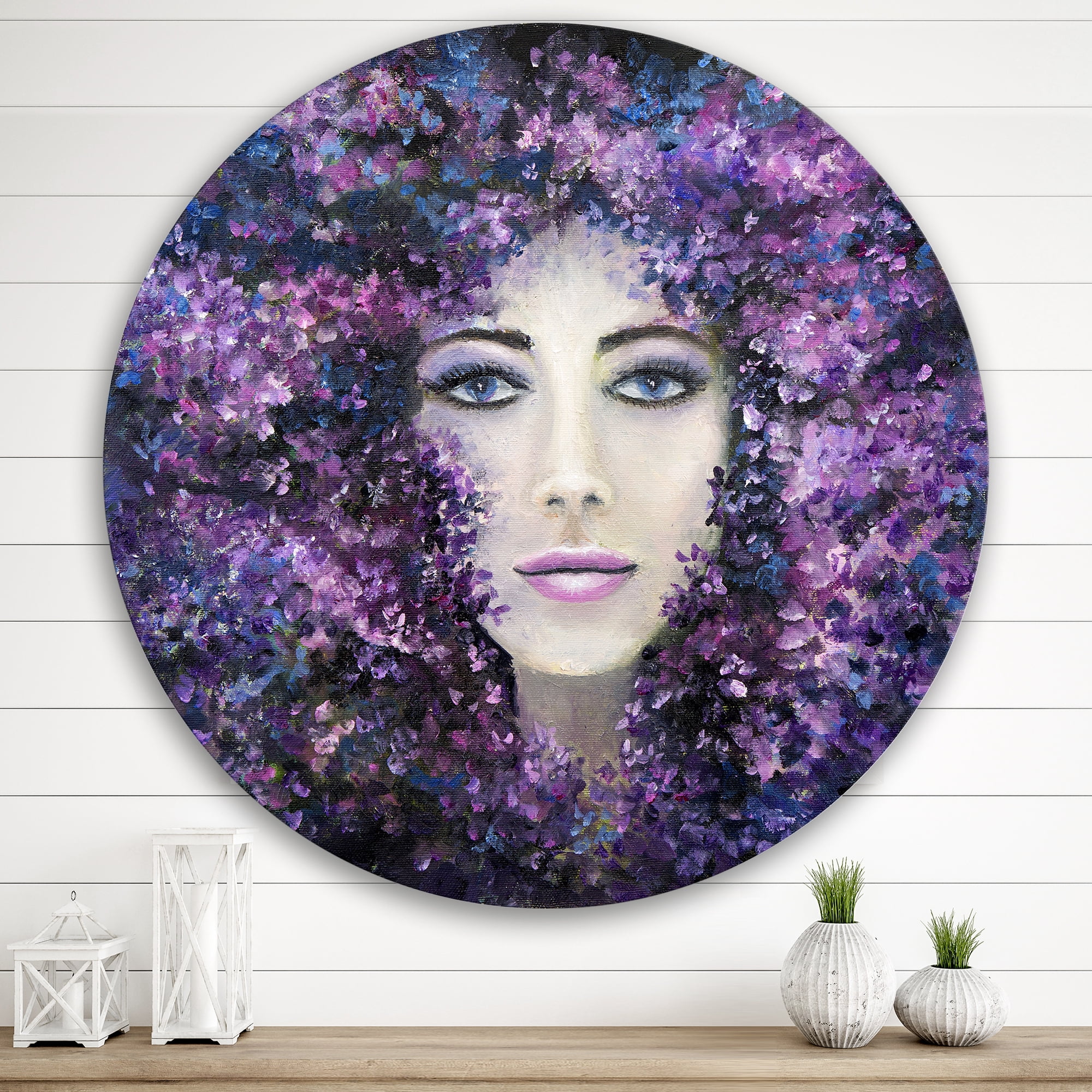 Designart 'Portrait of A Lady With Purple Lavender Flowers' Modern Circle Metal Wall Art 36x36 - Disc of 36