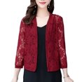 thumbnail image 2 of Joernso Women Lace Cardigan Open Front 3/4 Sleeves Flower Pattern Solid Color Sheer Sun Protection Breathable Ladies Summer Short Top Cover Up Streetwear, 2 of 8
