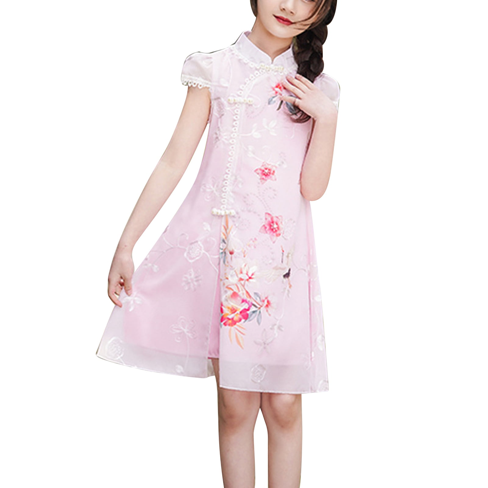 Girls Cheongsam Dress Chinese Style Soft Chiffon Comfortable Girls Qipao Dress for Summer White 120cm 47.2in Walmart