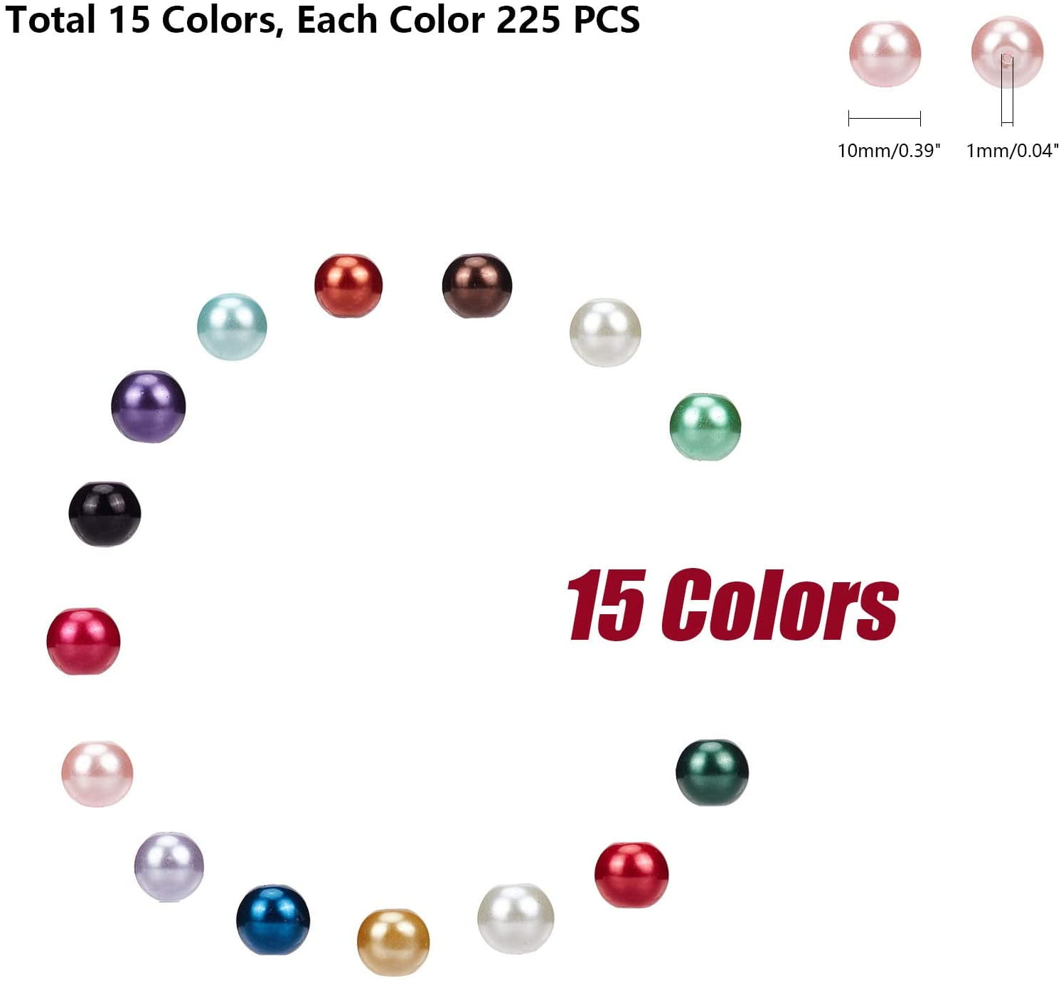 225pcs 15 Color Glass Pearl Beads 10mm Dyed Round Beads Satin Loose Luster Imitation Pearl Beads for Making Earring Necklaces Bracelets and Jewelry DIY Craft Hole: 1mm DIY