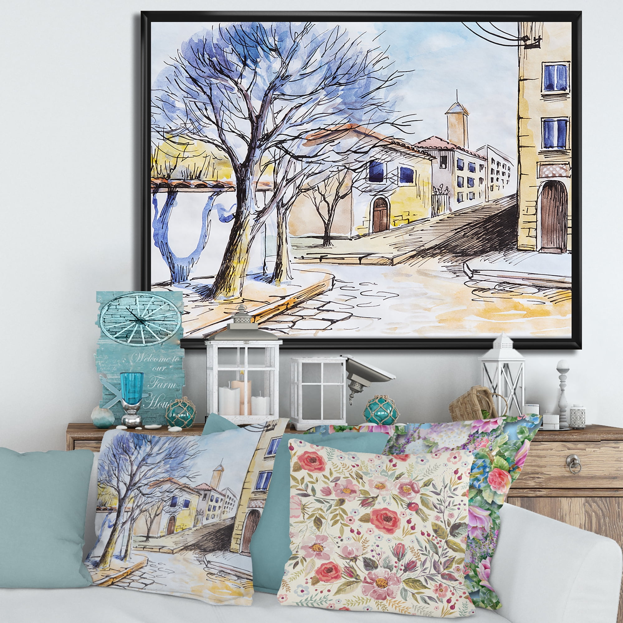 Designart 'Vintage White House In Summer VIllage' Traditional Framed Canvas Wall Art Print
