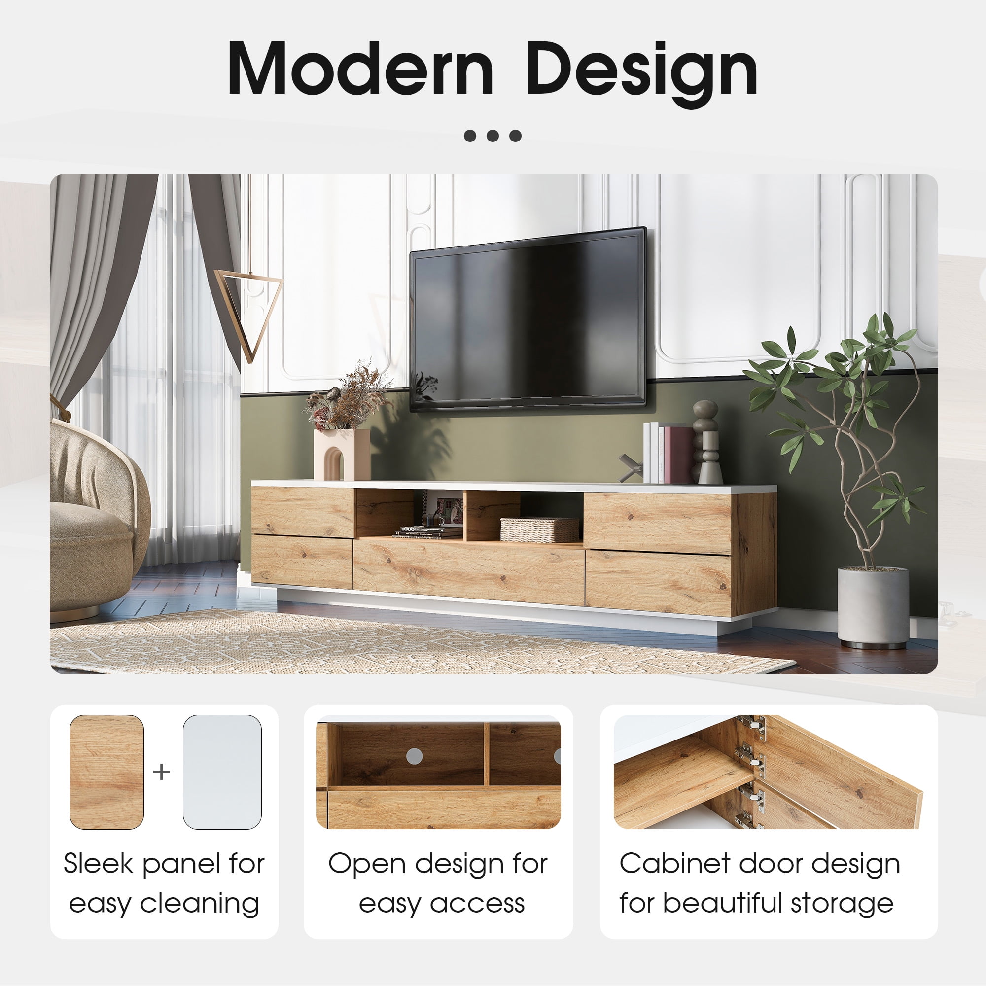 Euroco Modern TV Stand for TVs Up to 80” – Media Console with Concealed Storage, Door Rebound System, and Sleek Minimalist Design