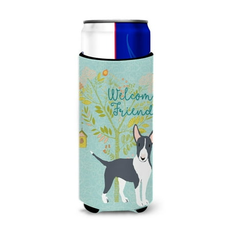

Carolines Treasures BB7604MUK Welcome Friends Black Bull Terrier Michelob Ultra Hugger for slim cans Slim Can