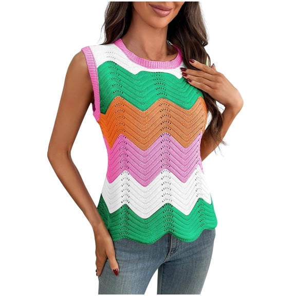 Ashirexll Sleeveless Tops for Women, Color Block Sleeveless Knitted Hollow Out Round Neck Tank Blouses