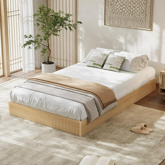 Wood Bed Frame, Wooden Platform Bed with Fluted Design, Bed Frame with Study Support, Easy Assembly, No Box Spring Needed, Noise Free