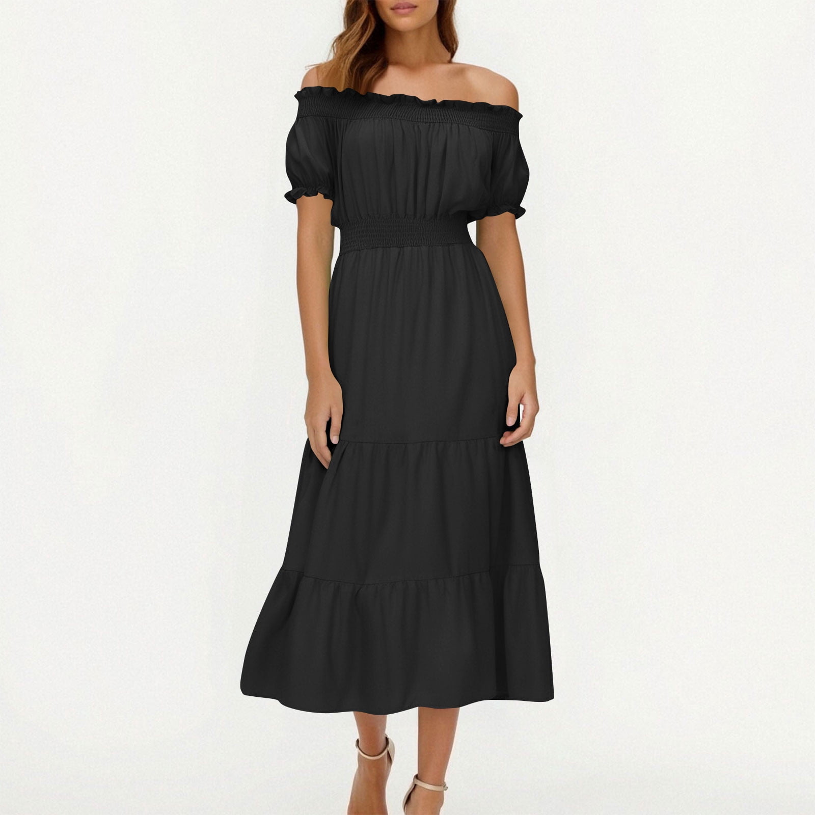 gljltg Ladies Elegant Summer One-shoulder Solid Color Short-sleeved Elastic Waist Women's Dress with Print, Stylish Fashionable for Women, Ladies, Suitable for Casual, Party, Daily, Beach