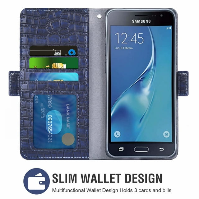 Case for Galaxy J3 2016, Pu Leather Cover, Phone Case for Samsung Galaxy J3 2016, Wallet, Scratch-Resistant Magnet Phone Case with Card Compartment, Blue