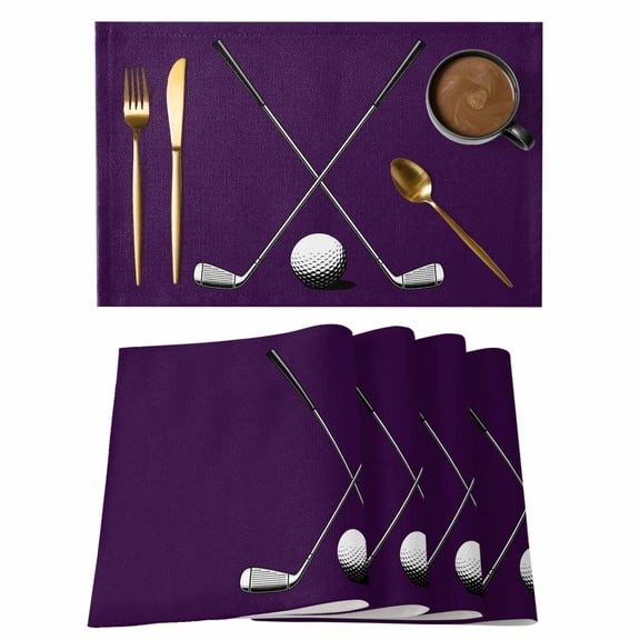 Golf Ball Club Placemats Set of 4, Sports Abstract Vintage Purple Placemats for Dining Table, Place Mats for Kitchen Tabletop, Waterproof Wipeable Dining Table Mats Set