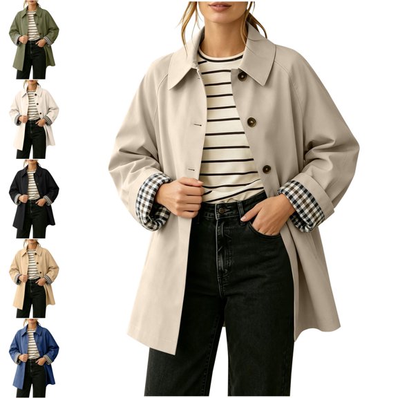 Levmjia Women's Casual Trench Coat Lapel Collar Long Sleeve Button Down Plaid Lined Jacket Fall Fashion Outerwear with Pockets