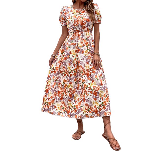 VISgogo Vestido largo de verano para mujer, estilo bohemio Estampado floral Cuello redondo Puff Manga corta Cintura elástica Dobladillo ancho Falda de playa VISgogo moda