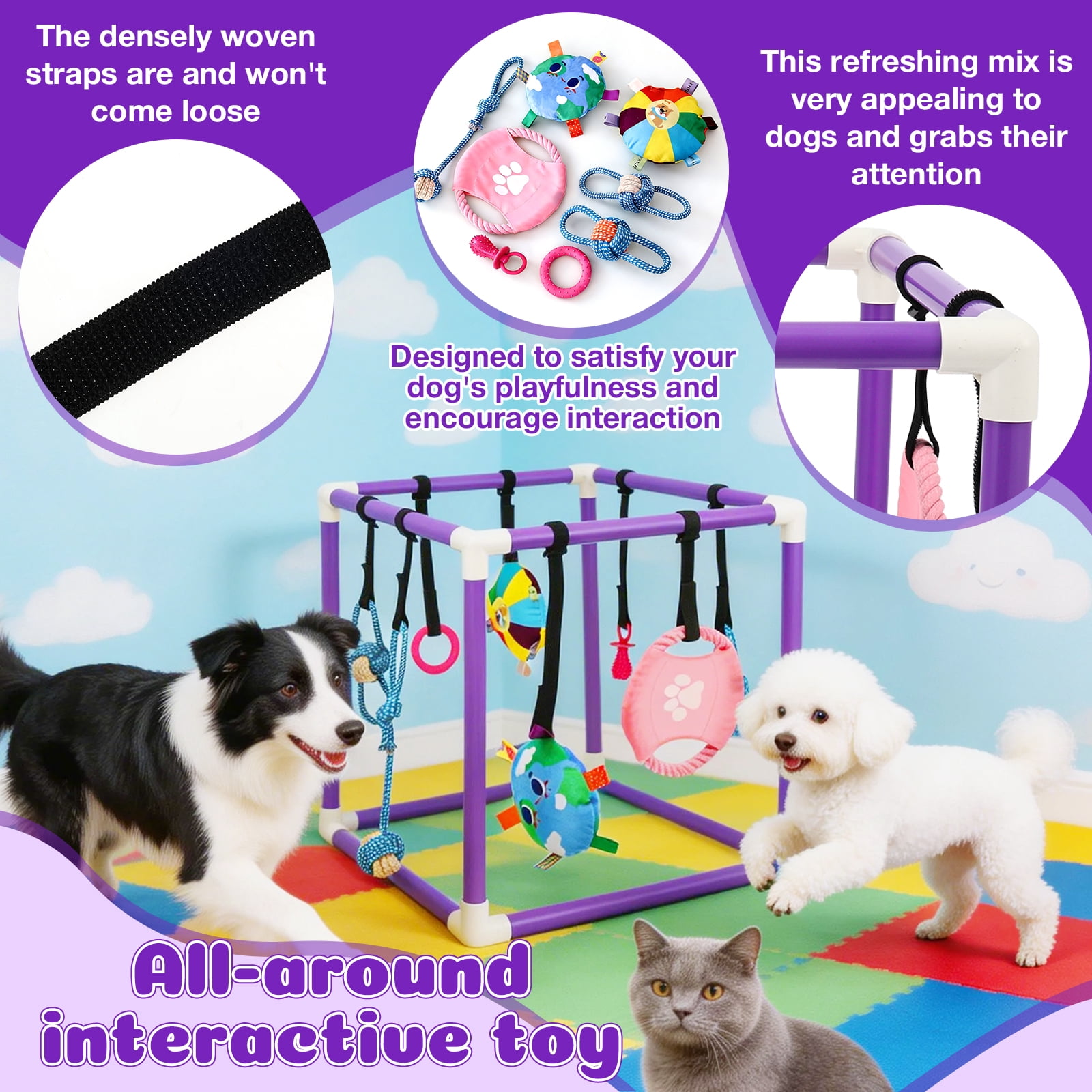 Austok Puppy Play Gym with 8 Hanging Toy Removable Dog Enrichment Playground Interactive Indoor Training Activity Center for Small Dog and Puppy PVC Frame