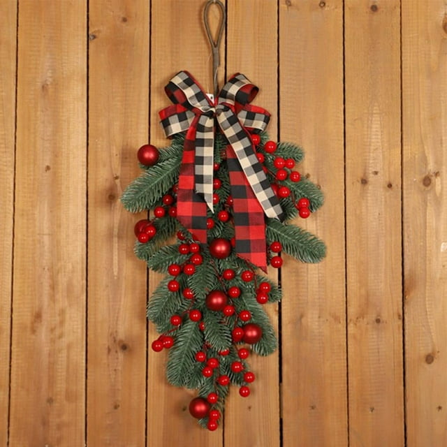 Swag de Noël Pré-Éclairé avec Ruban Arc Baies Rouges pour la Décoration d'Escalier Extérieur de la Fenêtre de la Porte avant de la Boîte aux Lettres
