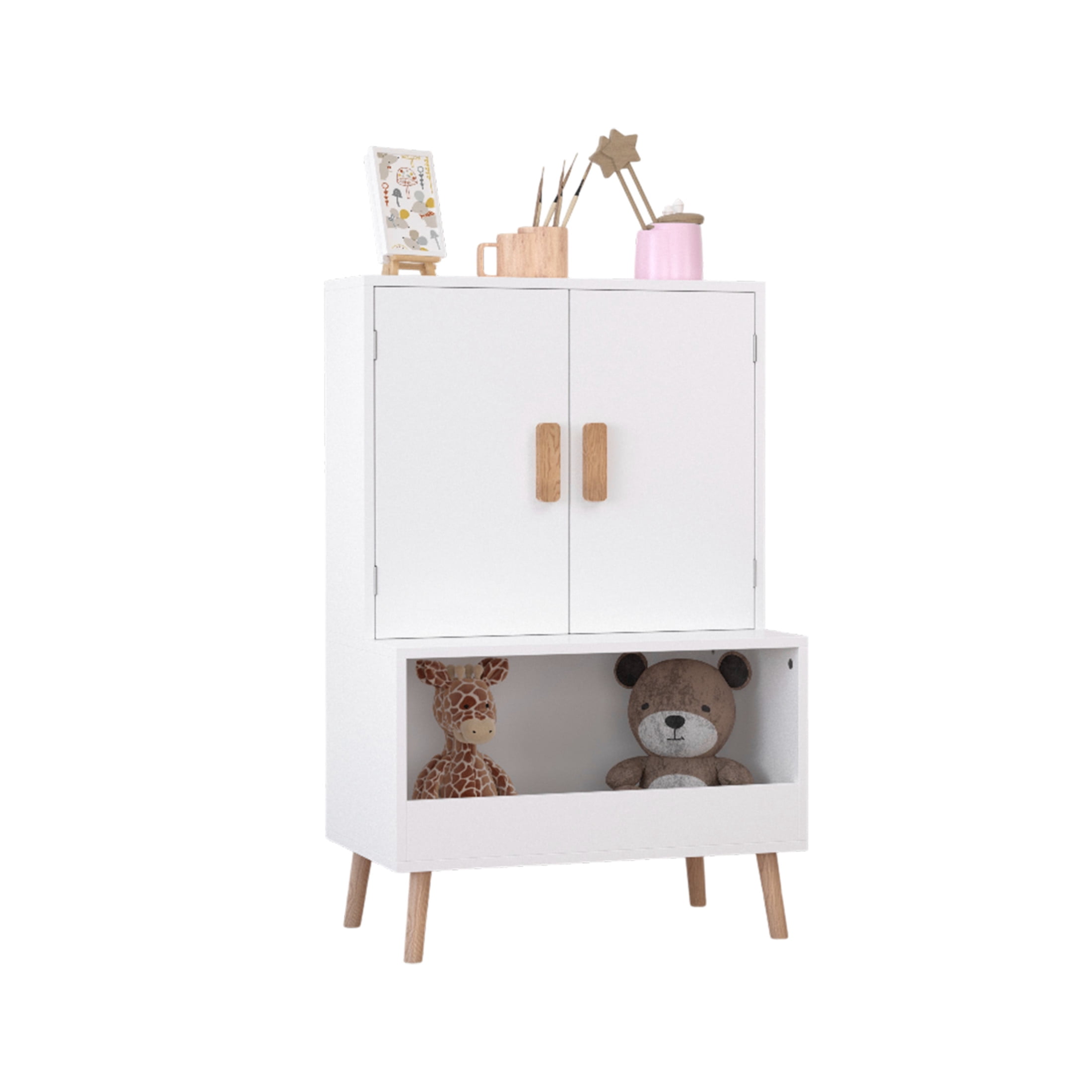 Noble House 37" Kids Toy Storage Cabinet, Modern Wooden Organizer with Doors and Open Shelf, Toddler Bookshelf, White