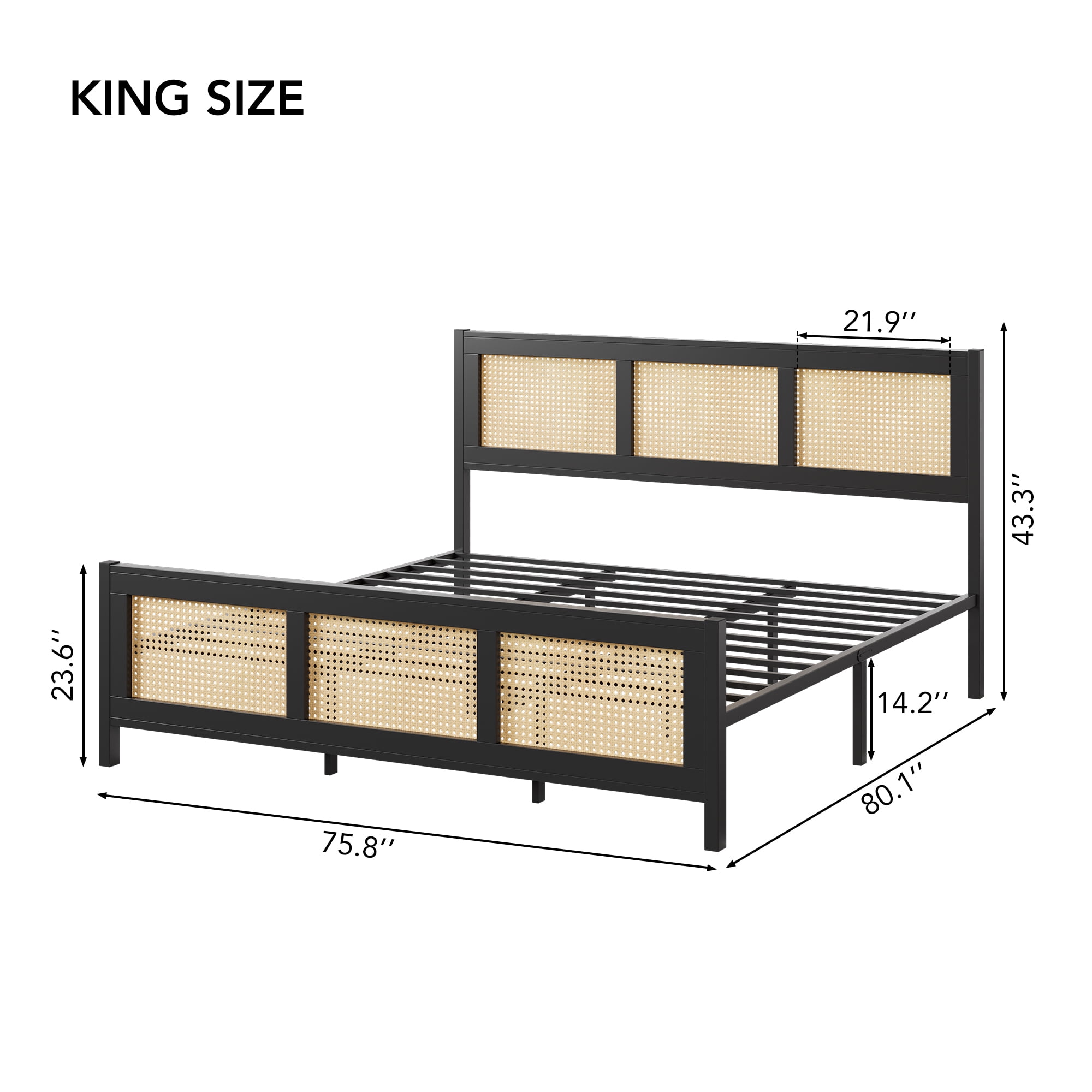 King Size Rattan Bed Frame, Boho Cane Platform Bed Frame, Modern Style with Headboard & Strong Metal Slat, No Box Spring Needed for Bed Room, Black