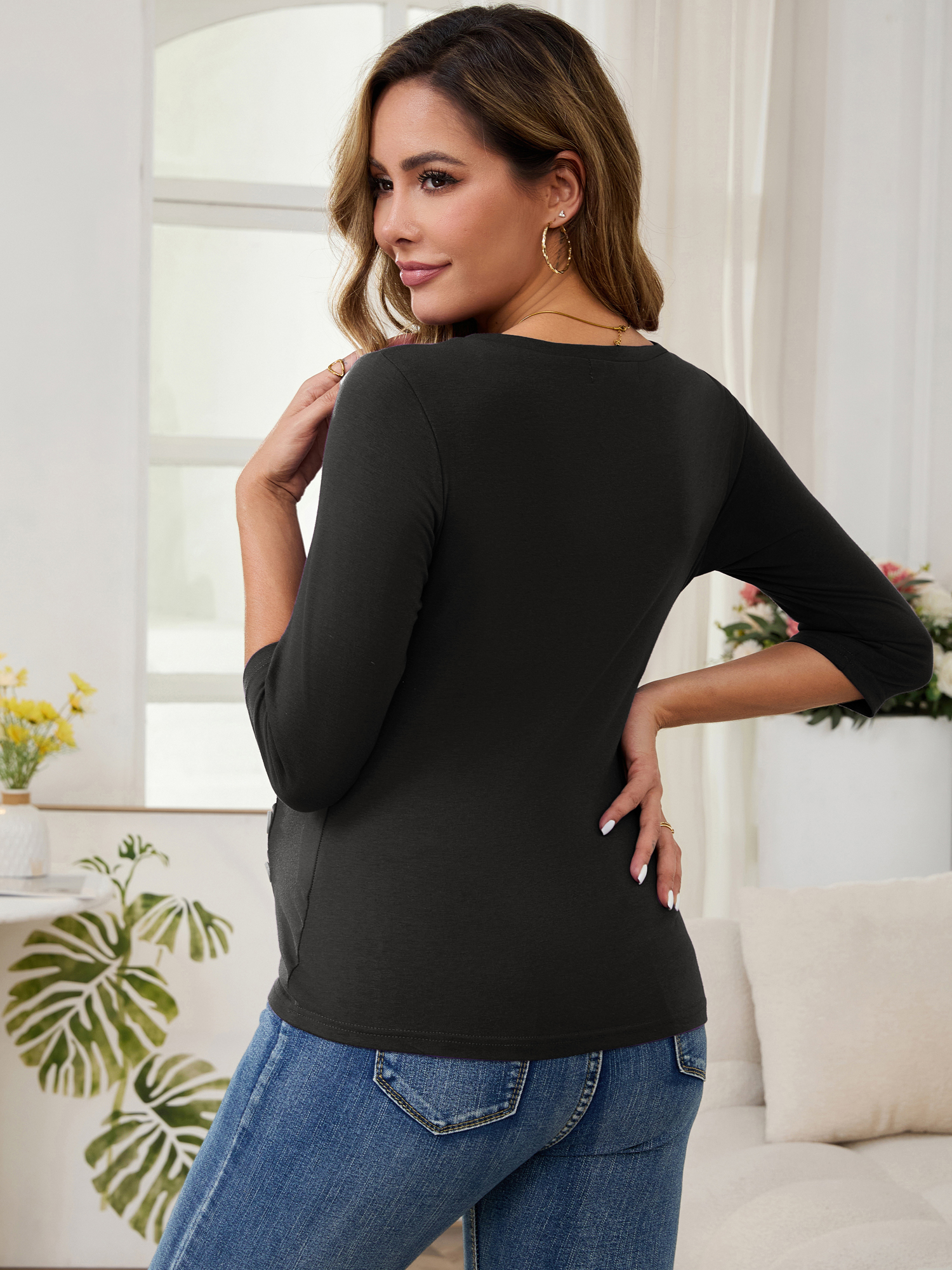 DARING DIVA Women's 3/4 Sleeve Ribbed Knit Nursing Maternity Shirts M Black