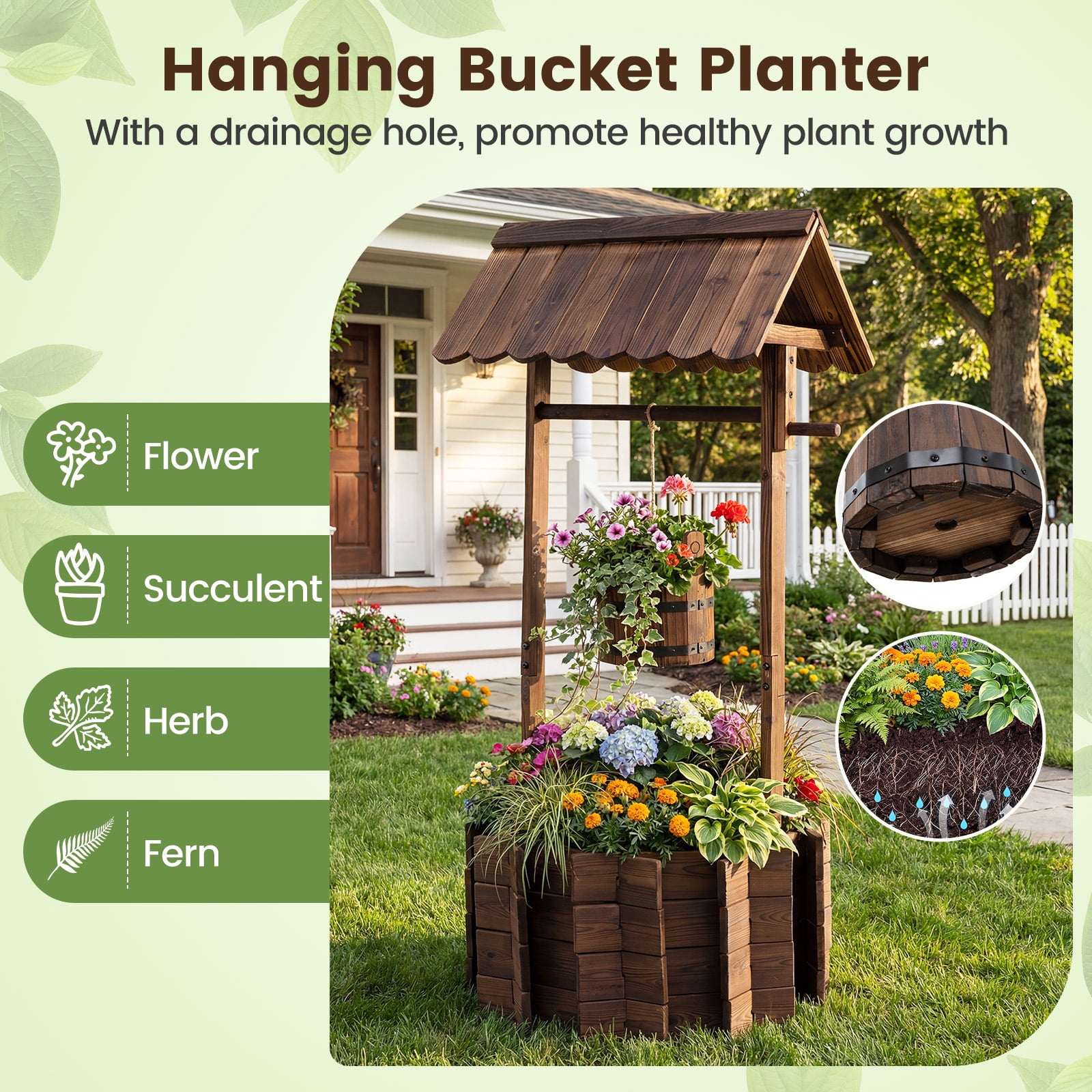 Costway Outdoor Wooden Wishing Well Bucket Flower Plants Planter Patio Garden Home Decor