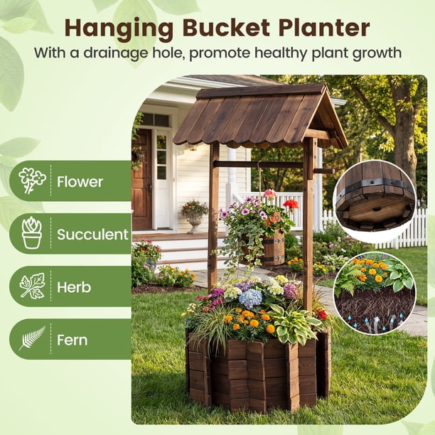 Costway Wooden Wishing Well - Tall plant pots for nurseries
