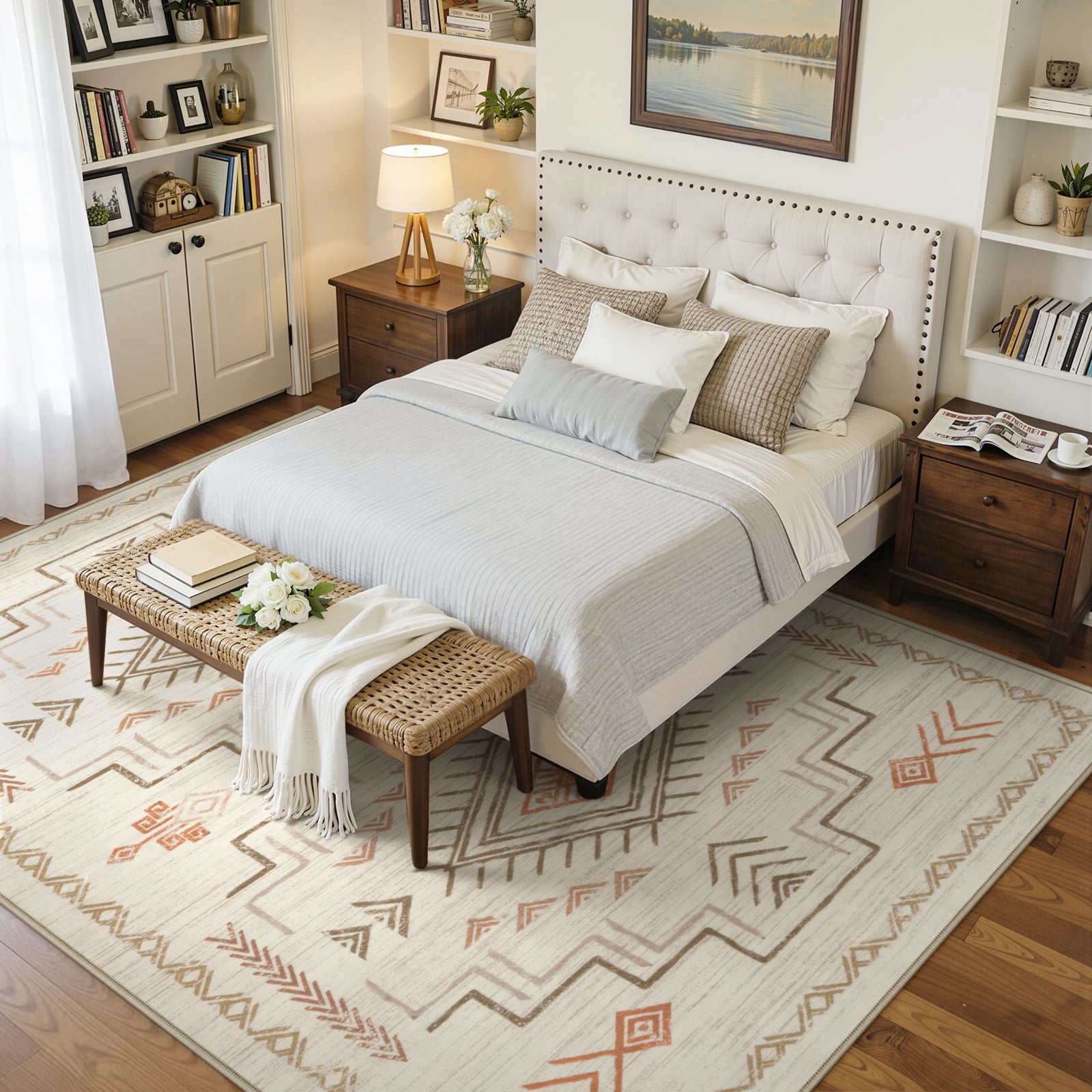 Lahome Washable 8'x10' Area Rug, Brown Rugs for Living Room, Non-Slip Aztec Tribal Moroccan Carpet for Bedroom, Neutral Large Area Rugs Under Dining Table Home Office, Brown