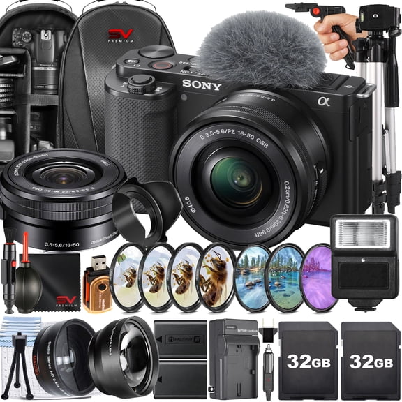 Sony ZV-E10 Mirrorless Camera with 16-50mm Lens   2 Pack 32GB Memory Card   Backpack   Filter Kit   Full Size Tripod   SV Premium Accessory Bundle (International Version)