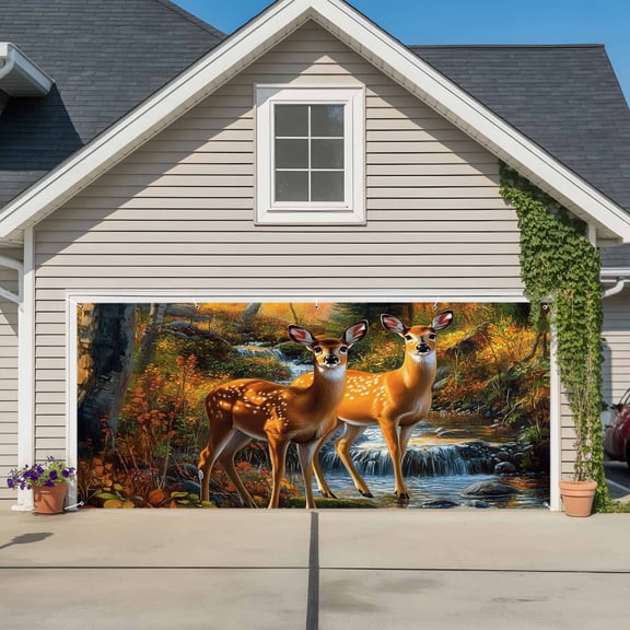 Orange Autumn Deer Garage Door Cover Banner 7 x 16 FT, Forest Vintage Elk Garage Door Curtains Backdrop with Grommets for Indoor Outdoor Wall Party Porch Yard Decorations Background