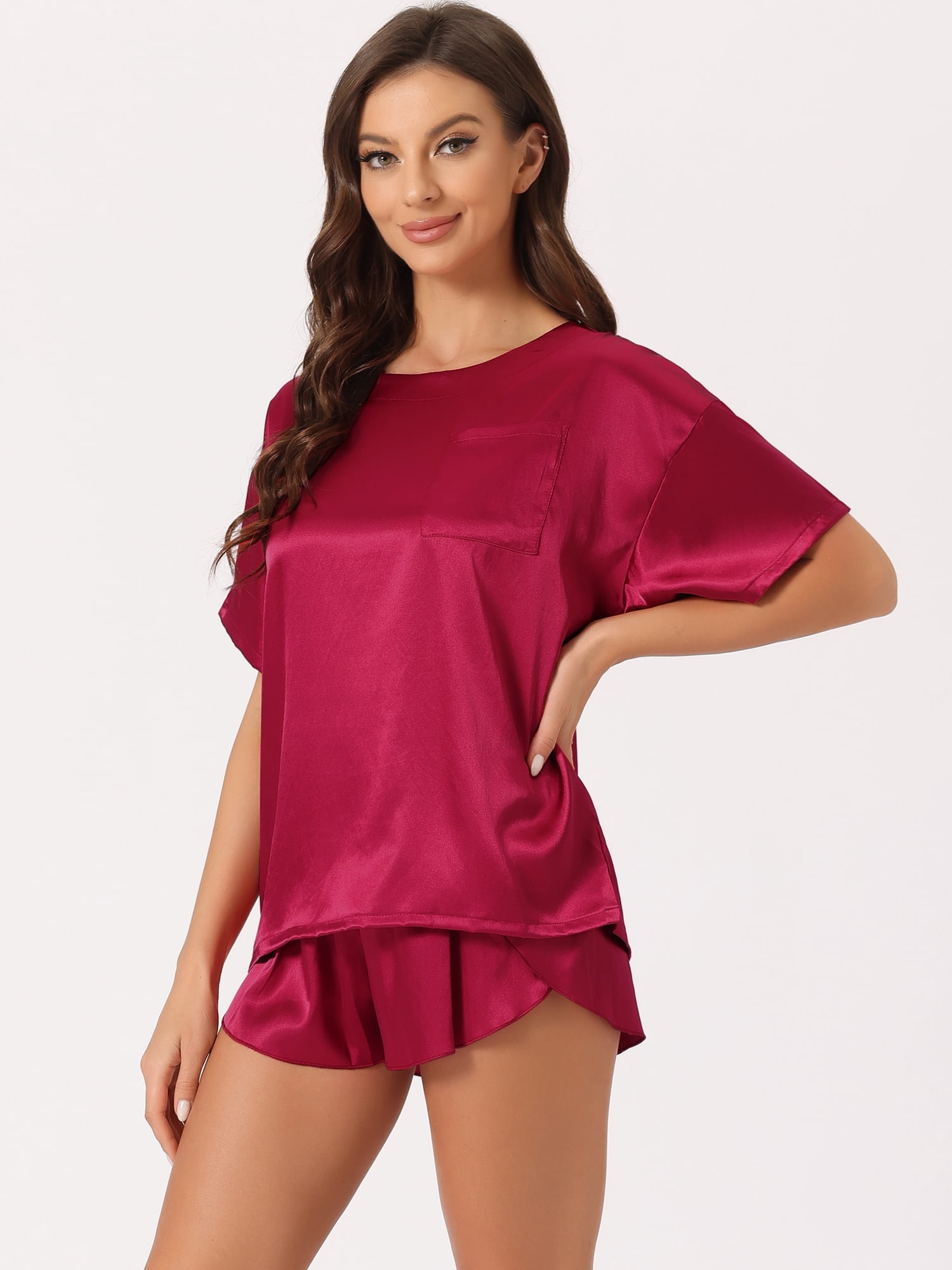 DARING DIVA Women's Satin Pajama Pullover T-shirt with Shorts Lounge Sets M Burgundy