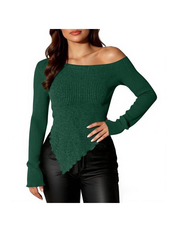 Women's Trendy Casual Blouse Solid Color Ribbed Off The Shoulder Long Sleeve Asymmetrical Wave Edge Tops