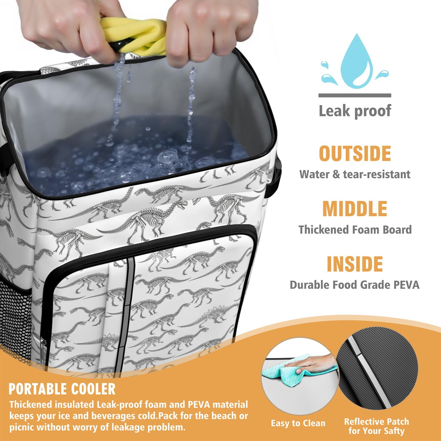 Travel Cooler Bag - White Cartoon Dinosaurs Skeletons Pattern Camping Beer Cooler Backpack with Bottle Opener- Waterproof Insulated Picnic Backpacks - Cooler Bag for Beach