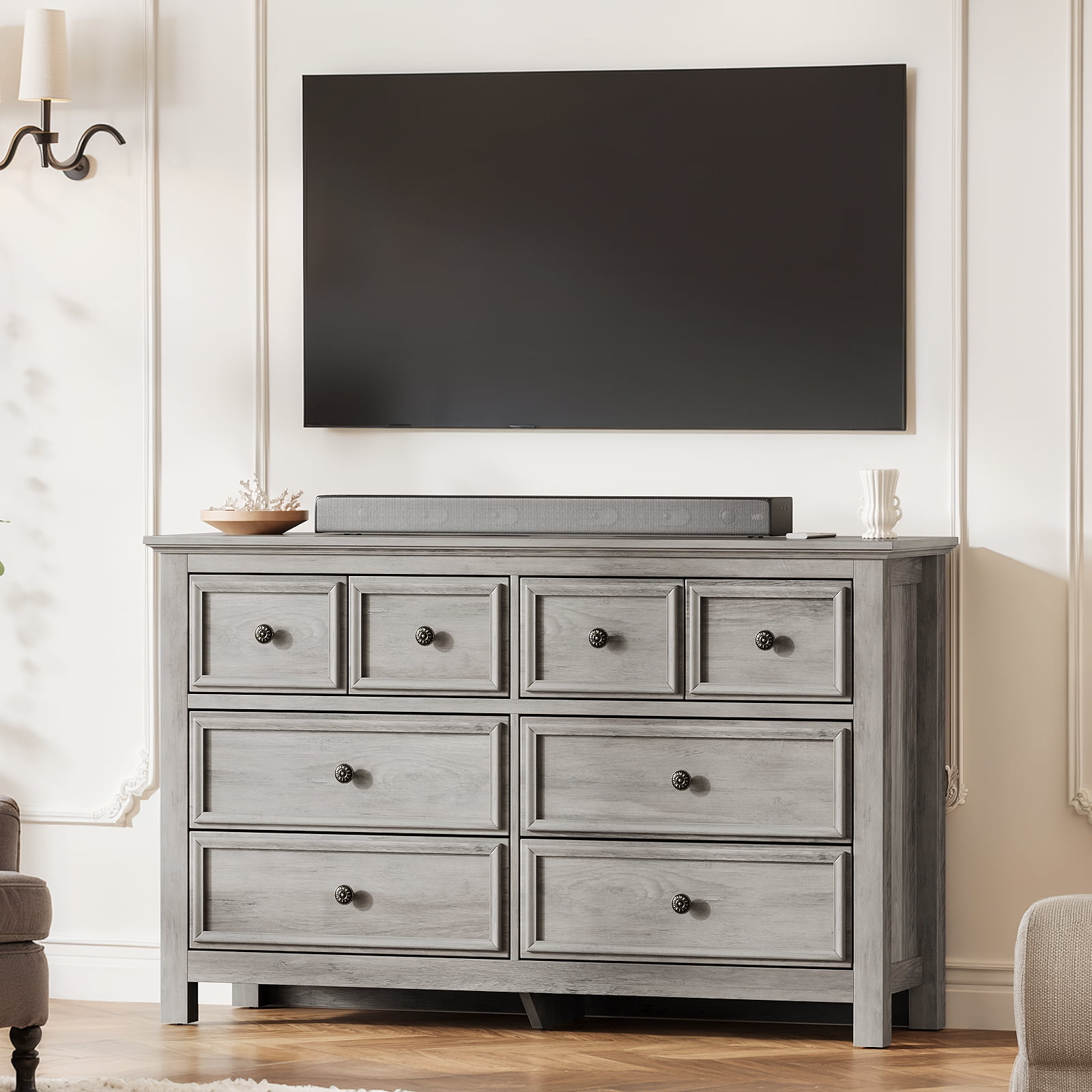 Holliwill Farmhouse Bedroom 2 Pieces Set, Wide 8 Drawer Dresser and 2 Drawer Nightstand with LED Lights & Charging Station, Chest of Drawers for Bedroom, Grey