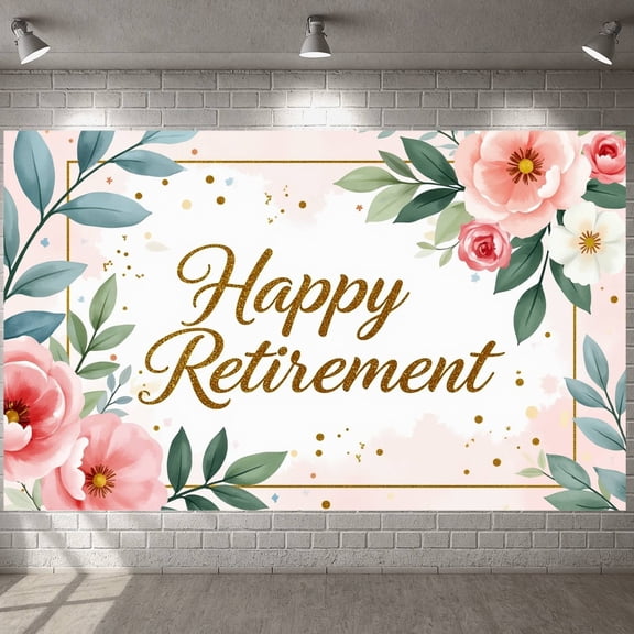 Gold Glitter Text Happy Retirement Banner Floral Decor Retirement Party Backdrop Pink Theme Watercolor Celebration Display for Retirement Party Office Farewell Senior Gathering