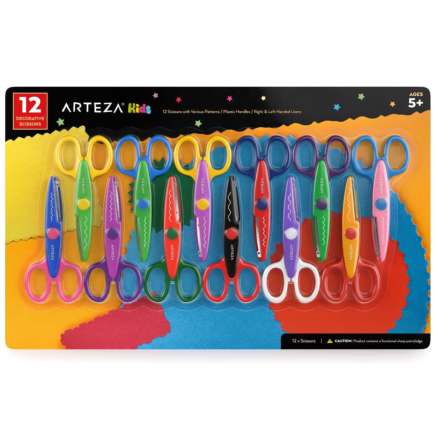 Arteza Kids Pattern Scissors 5.5', Assorted Colors - 12 Pack
