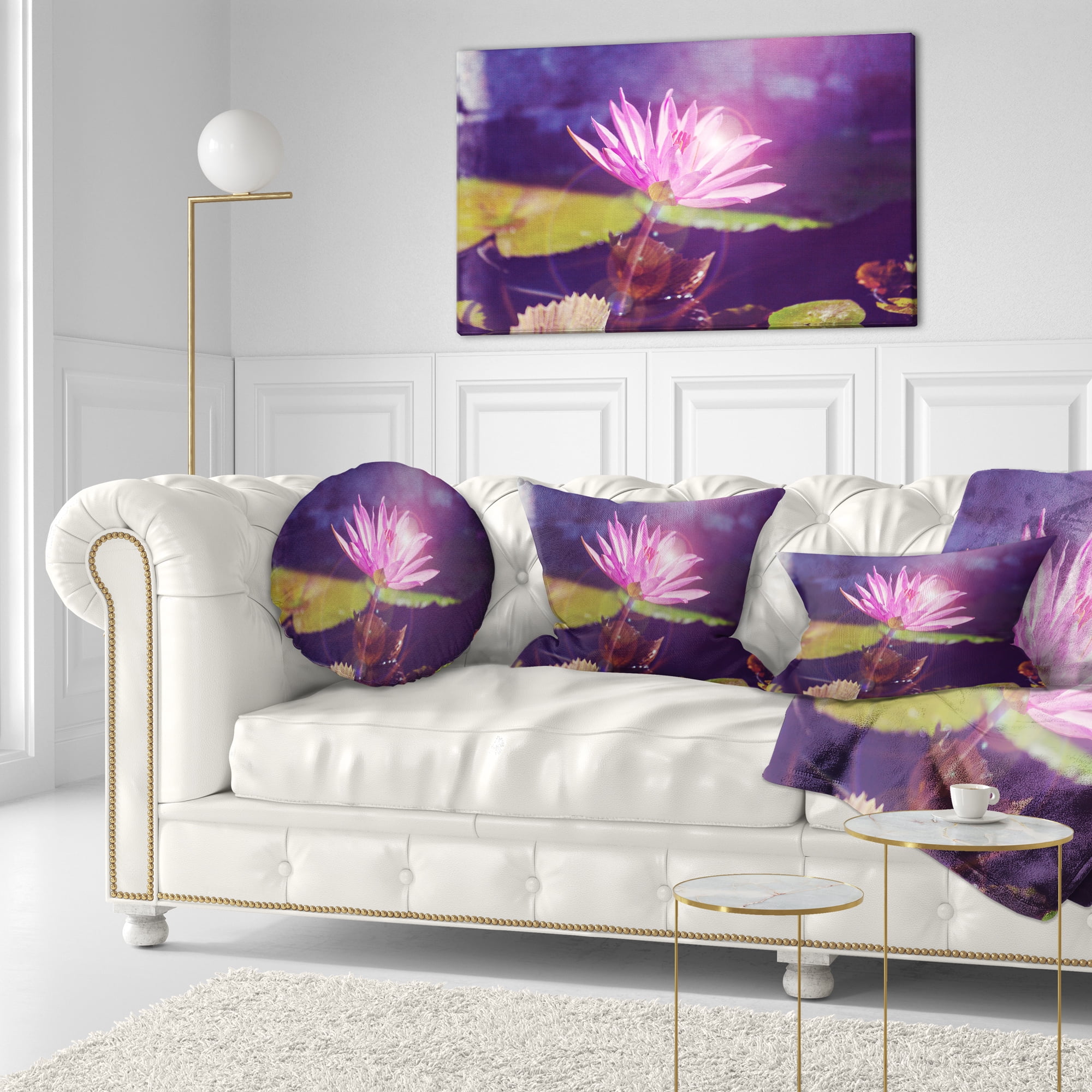 Designart Pink Lotus Flower on Blue Background - Floral Throw Pillow - 12x20