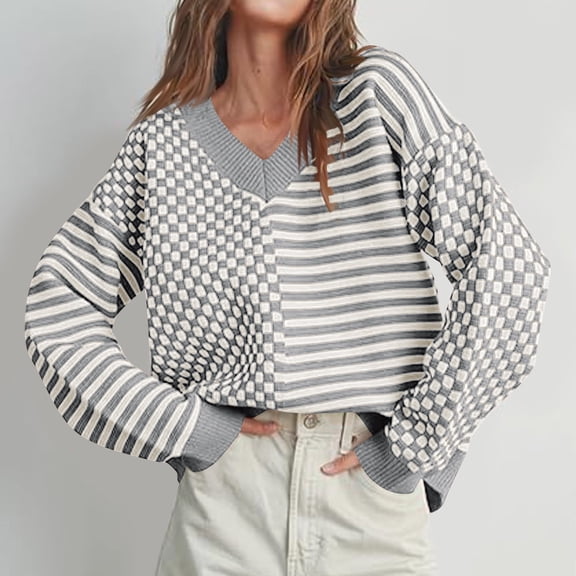 Juslio Women Sweaters Pullovers Women Tops Striped V Neck Long Sleeve Knit Gray