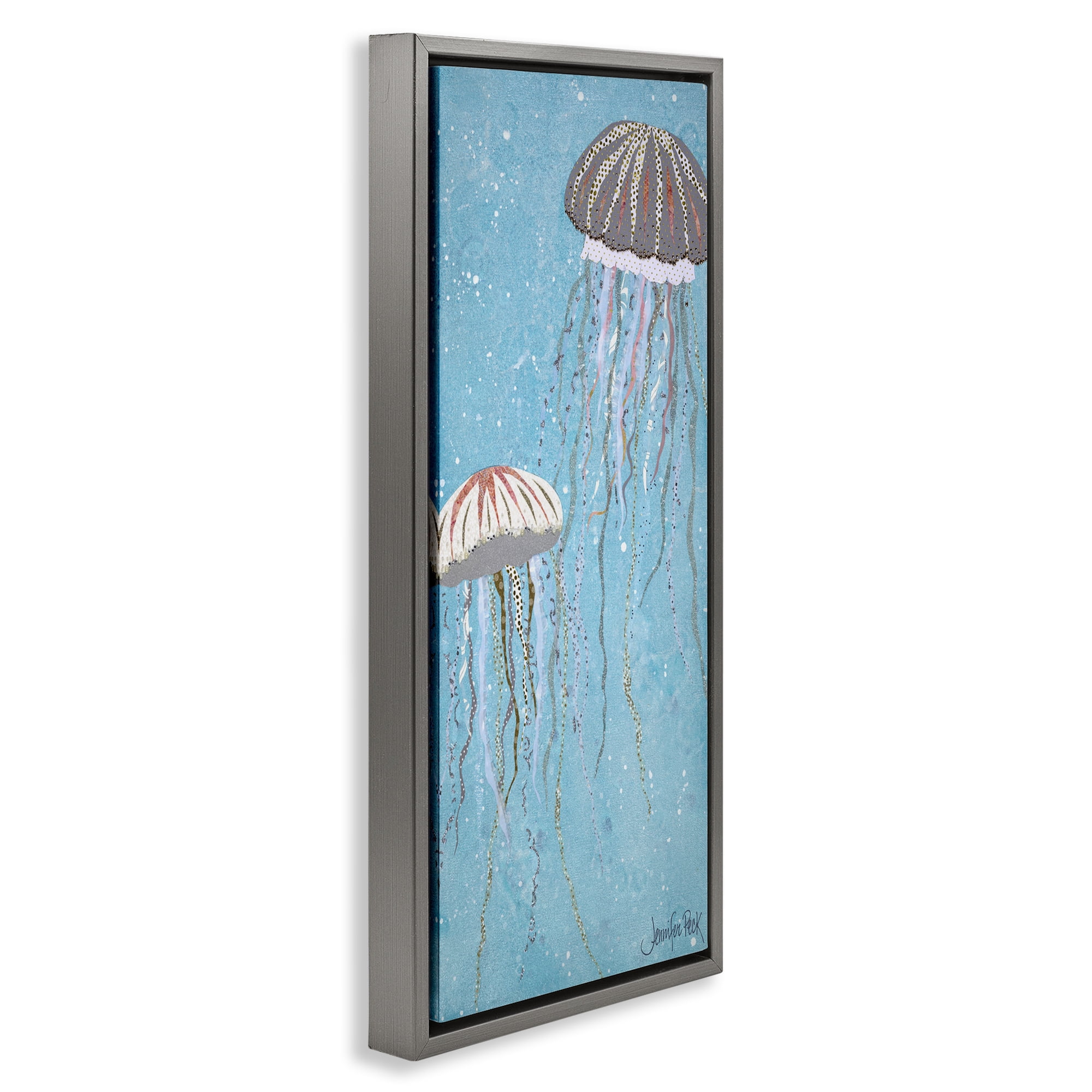 Stupell Industries Crystal Jellyfish Motif Animals & Insects Painting Gray Floater Framed Canvas Art Print Wall Art, 11 x 25