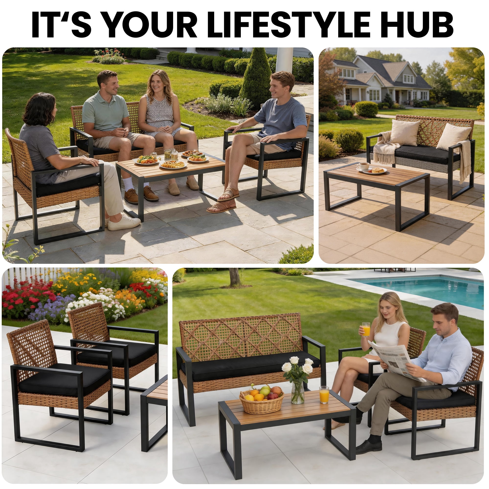 Segmart Patio Conversation Set for Outdoor,Upgrade 4-Piece Conversation Furniture Set w/Loveseat Sofa, 2 Single Sofas, Coffee Dining Table and Padded Cushions, Max Weight 705 lbs, Brown
