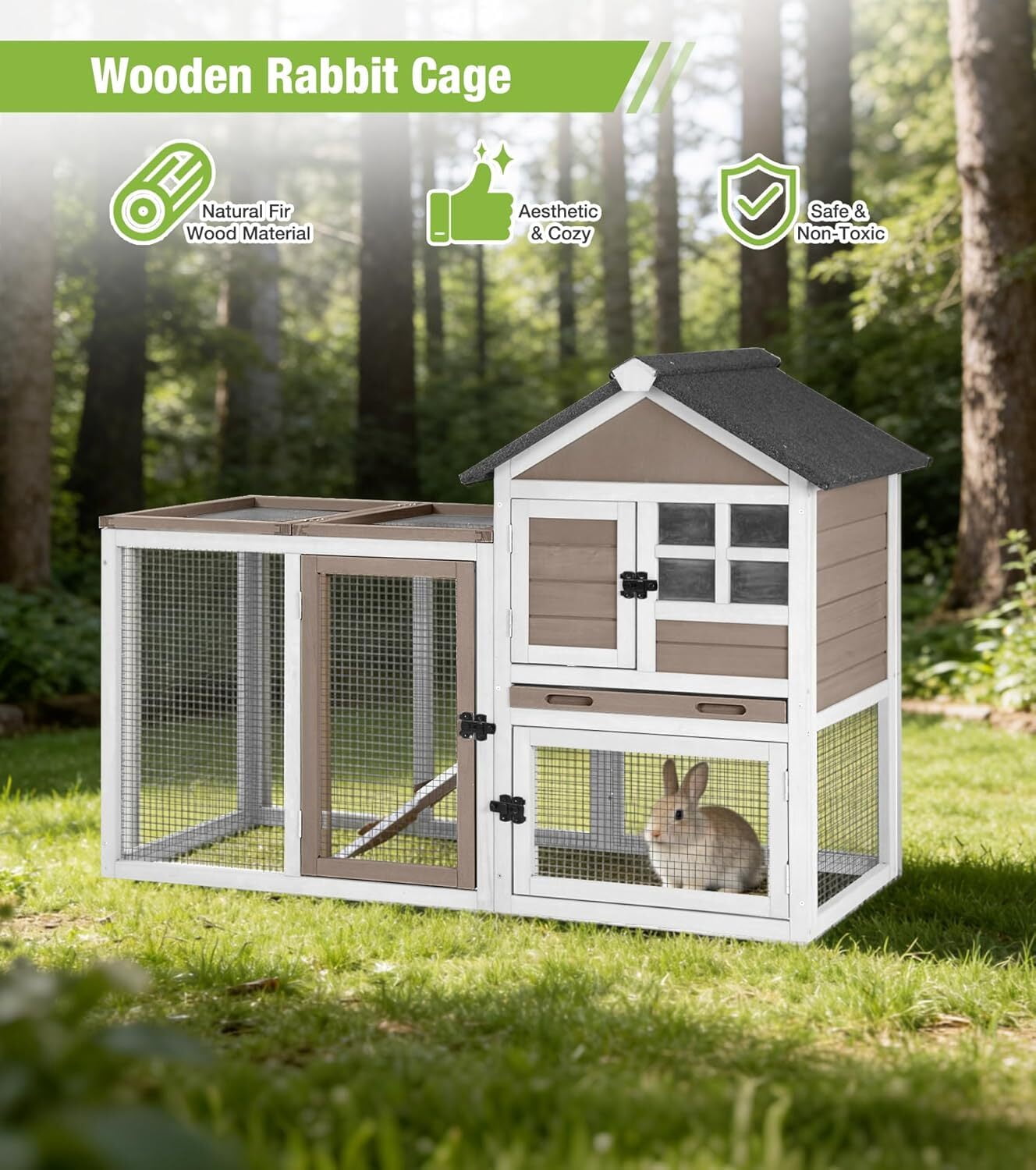 Aivituvin Rabbit Hutch Outdoor Rabbit Cage Indoor 51.6" L Waterproof Bunny Cage with Chew-Proof Ramp and Lockable Doors for Indoor Outdoor Use Grey