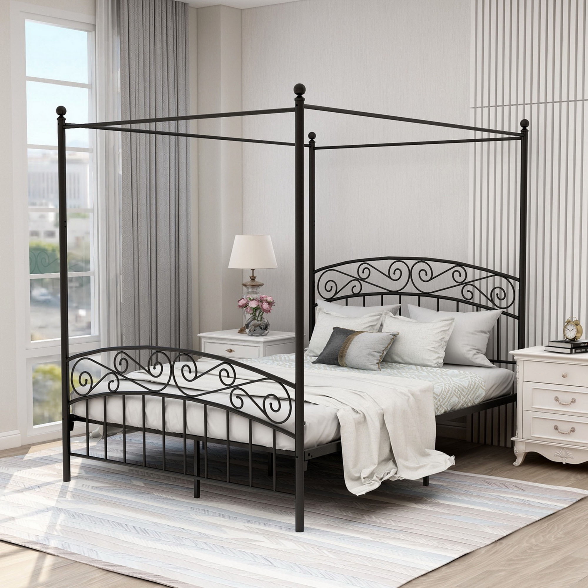 AUFANK Classic Queen Size Metal Canopy Bed Frame, Easy Assembly, Black