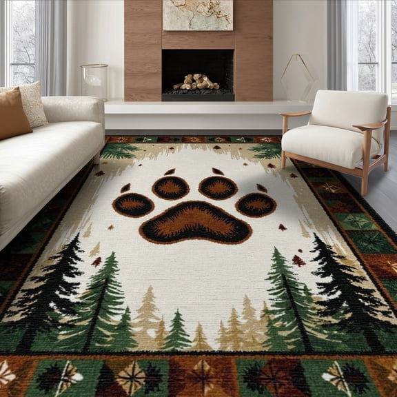 ODIKA 8'x10' Washable Area Rug Cabin Bear Paw Print Rustic With Centered Woodland Wildlife Emblem for King Size Bedroom Under Bed, Master Suite, Non-Shedding, Easy Care