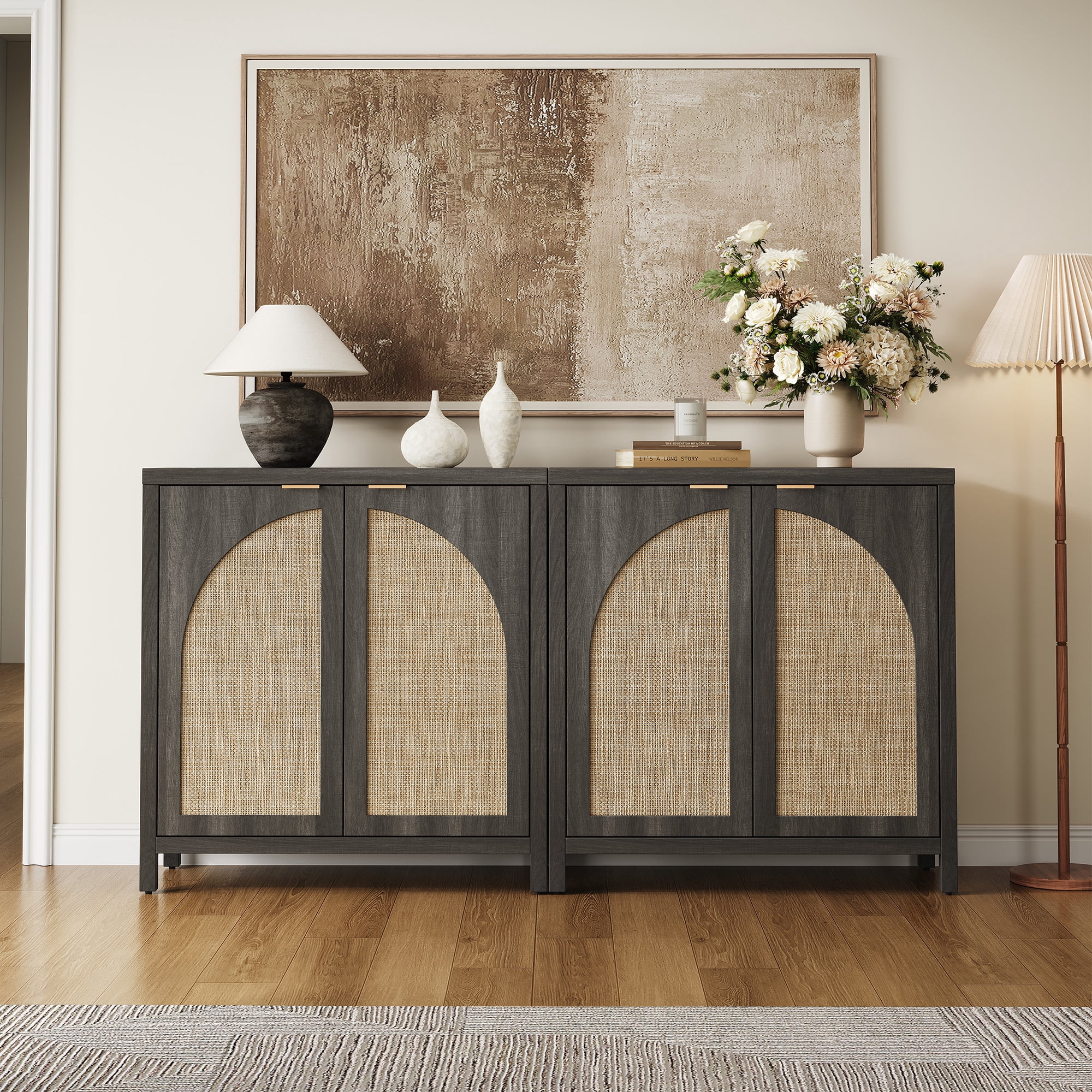 SICOTAS 34.2 Inch Wide Kitchen Pantry Cabinet Set of 2 with 2 Arch Rattan Doors, Adjustable Shelves, for Kitchen Storage, Freestanding Organizer Sideboard in Black Oak