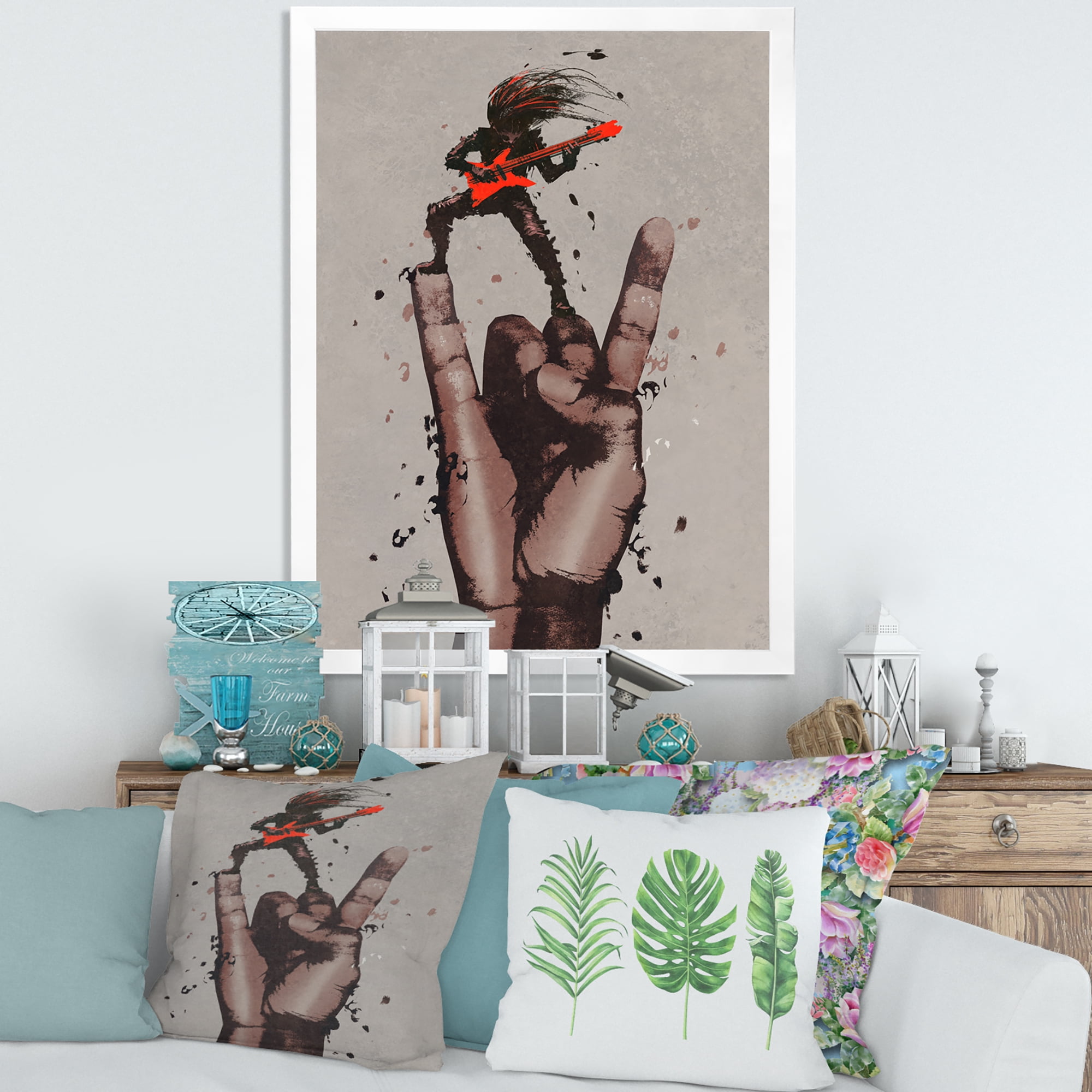 Designart 'The Guitarist On Rock and Roll Sign' Modern Framed Art Print