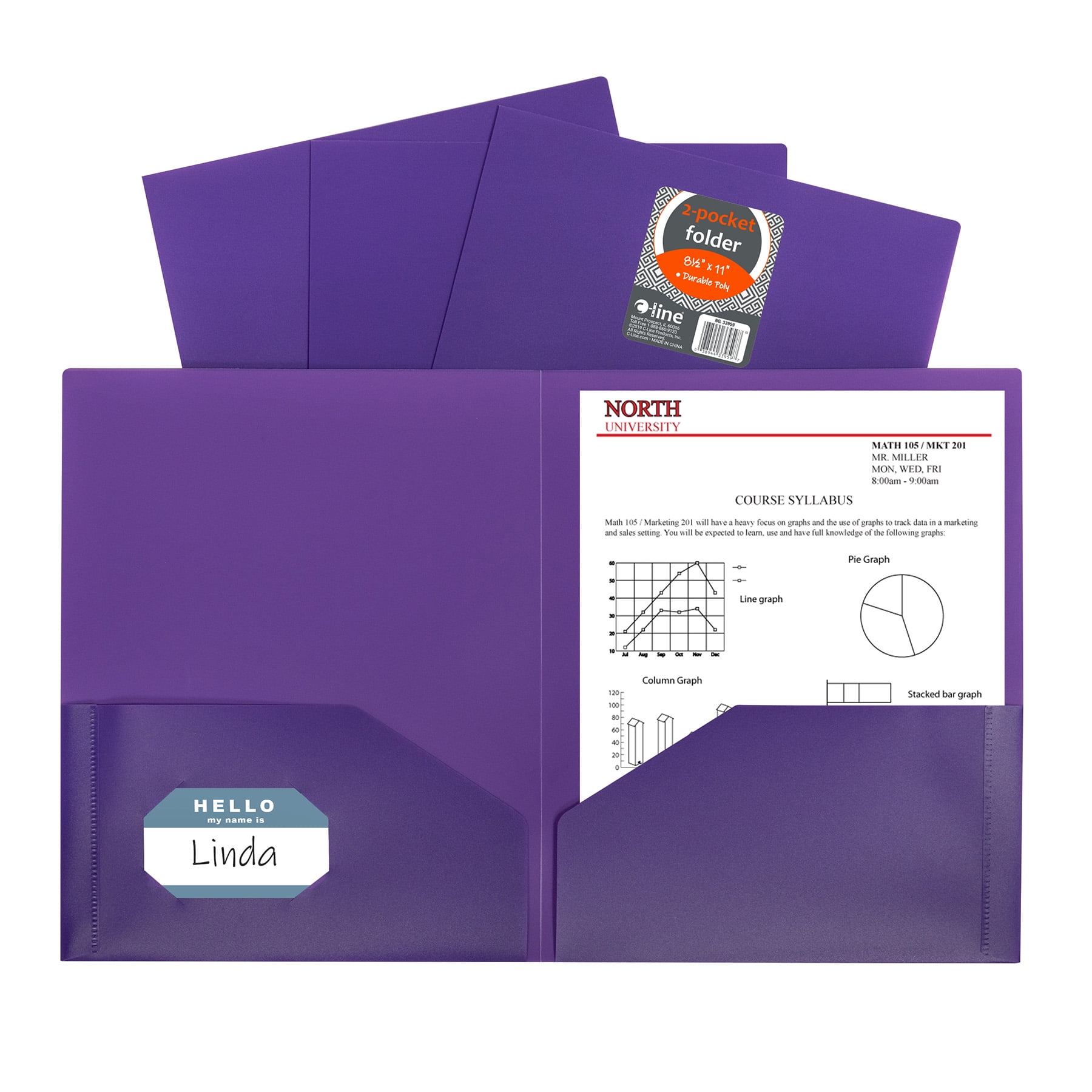 C-Line Two-Pocket Heavyweight Poly Portfolio Folder, Purple, Pack of 25