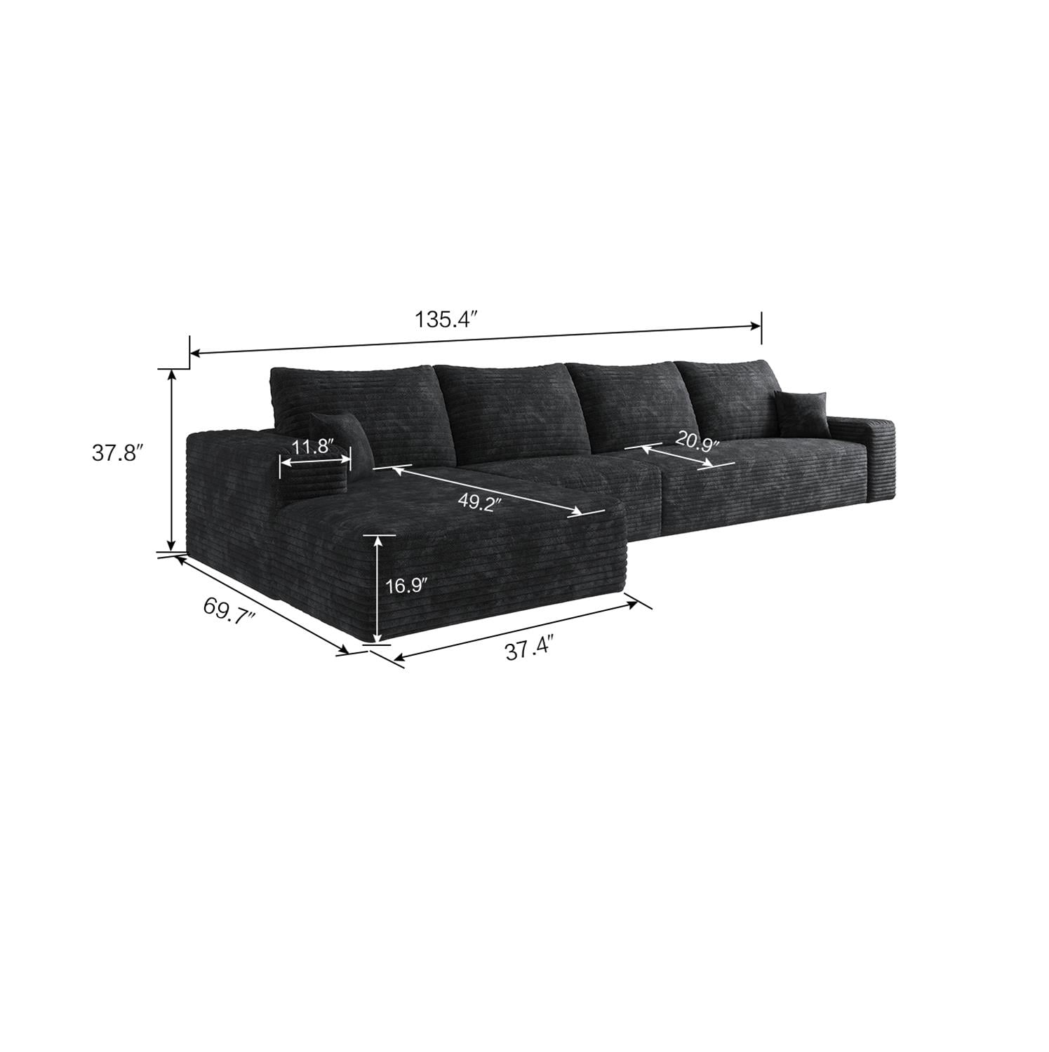 Demi Bonn 135" Modern L-Shape Cloud Sectional Couch with Chaise, Deep Seat, Cozy Upholstered Sofa for Living Room & Bedroom, No Assembly, Black