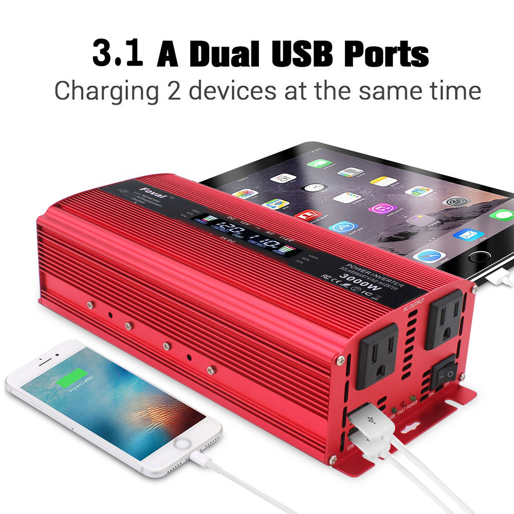 Yinleader 1500 Watts Car Power Inverter Converter 12V to 110V with LCD Display 2Sockets USB